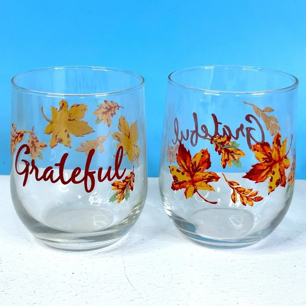 Set of 2‎ Royal Norfolk Autumn Fall Leaves GRATEFUL Stemless Wine Juice Glasses